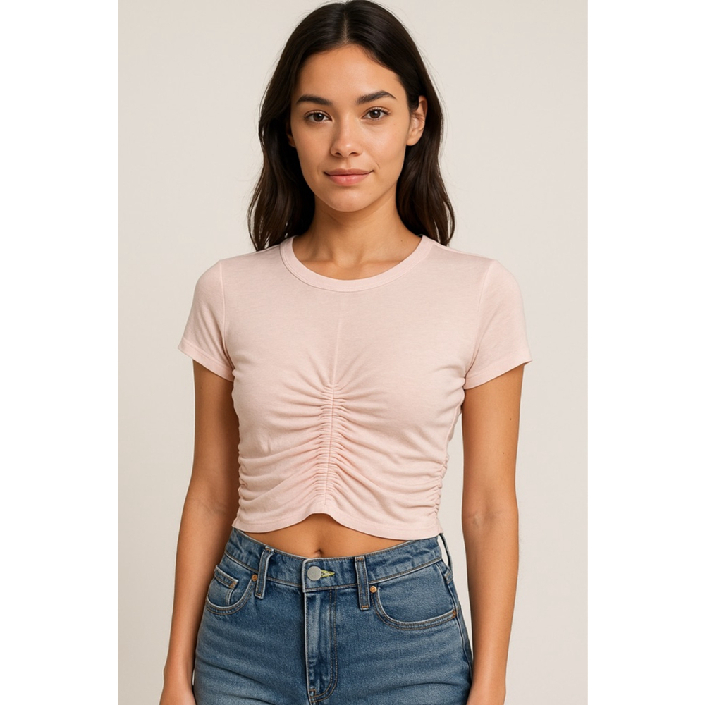 Women's Free People Crop Top L Pink Ruched Short Sleeve
